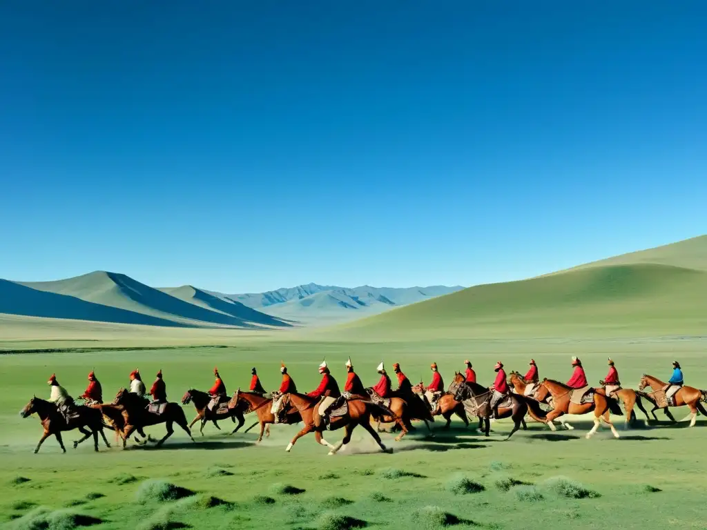 Un paisaje mongol vasto y salvaje con caballos galopantes y cazadores nómadas, destacando la caza y fauna en Mongolia