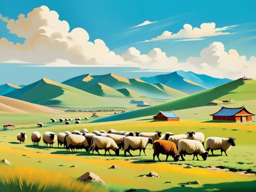 Un paisaje mongol vibrante y tradicional con colores ricos y detalles expresivos