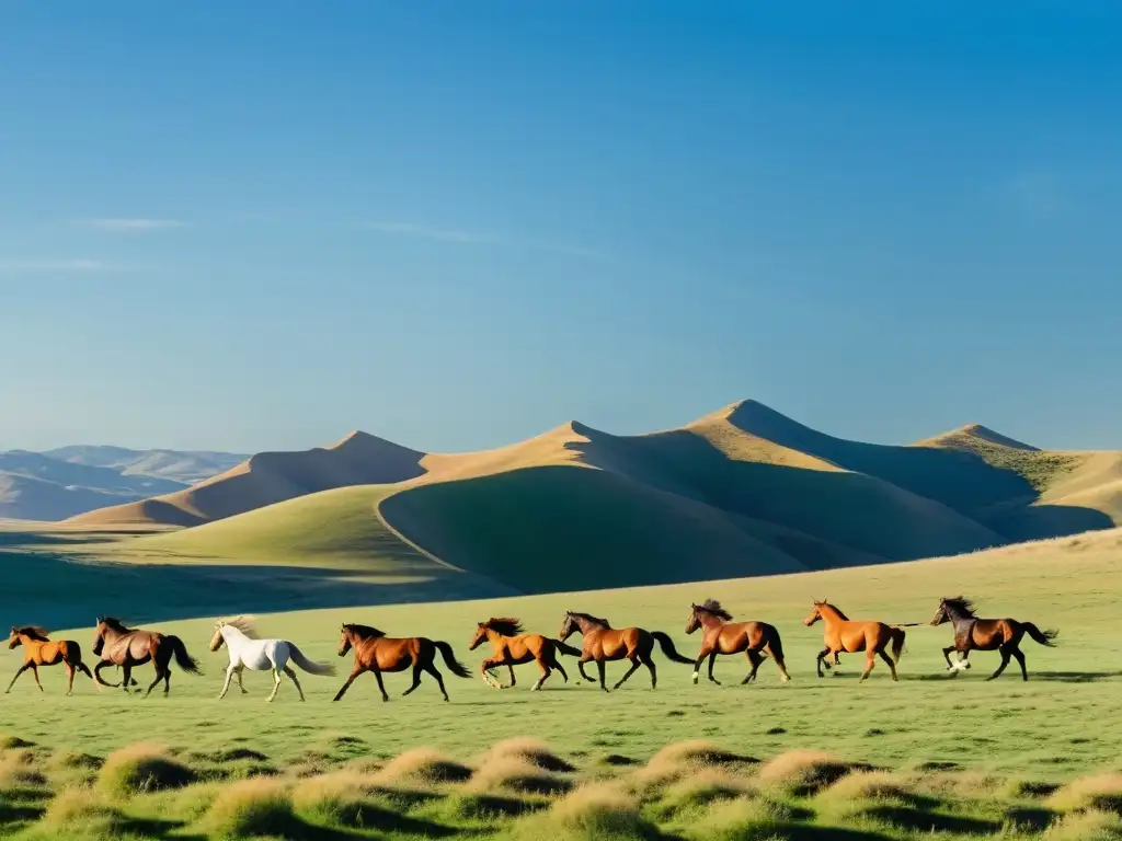 Un paisaje de estepas mongolas, donde un grupo de caballos salvajes galopa libremente bajo el cielo azul