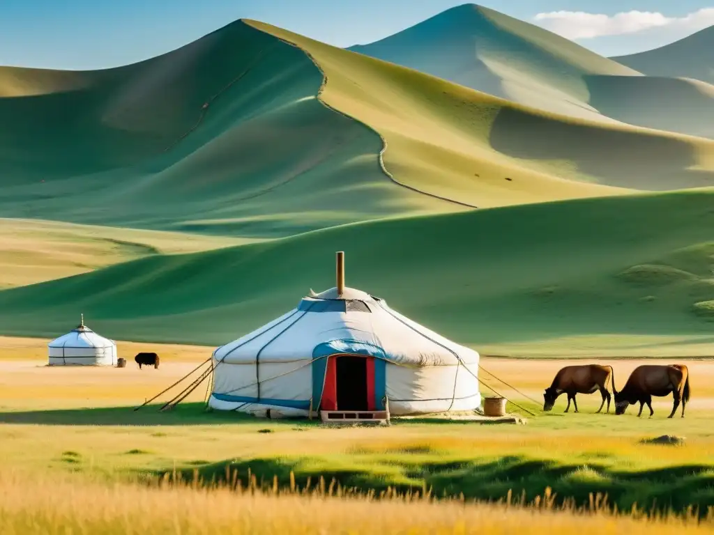 Un paisaje de estepas mongolas con una yurta tradicional y agricultores nómadas