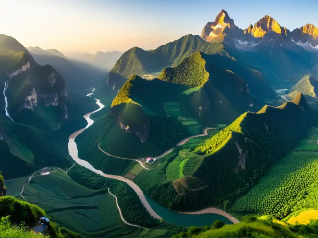 Un paisaje montañoso bañado por la luz dorada del atardecer, donde trabajadores laboran en una mina, mostrando el impacto económico y ambiental