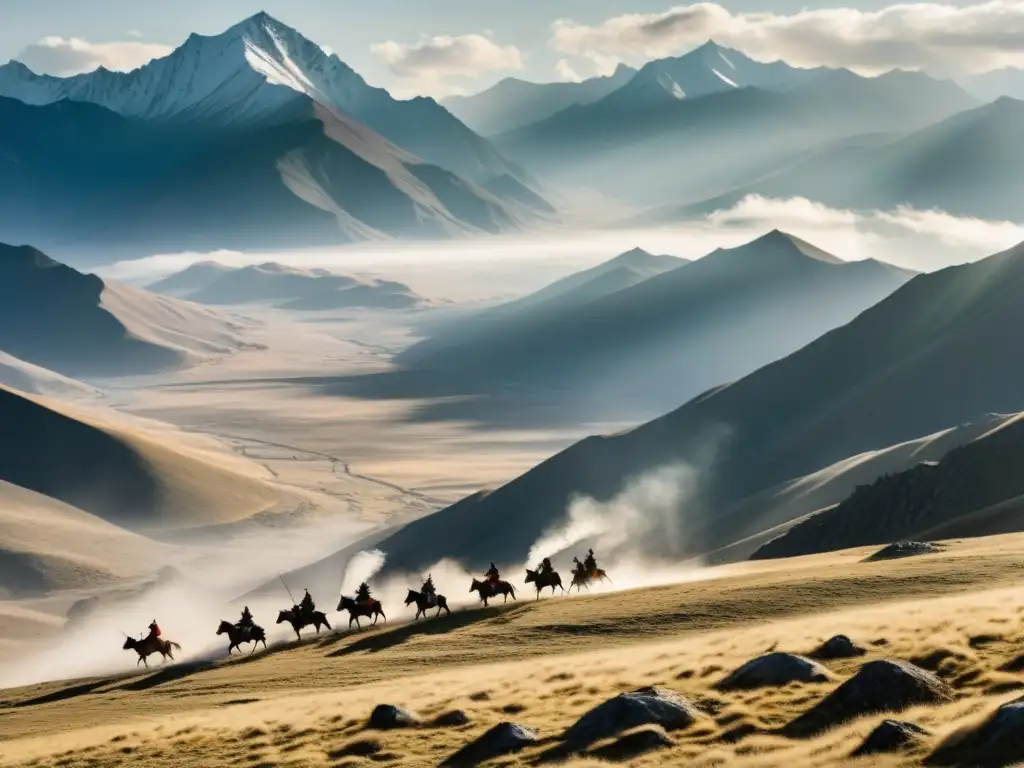 Un paisaje montañoso en Mongolia con guerreros Mongol atravesando un paso estratégico