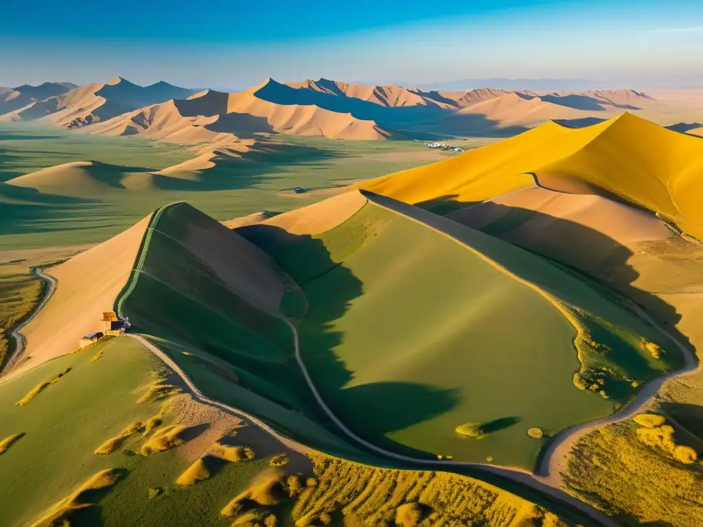 Un paisaje panorámico del antiguo imperio mongol con rutas comerciales menores, yurtas y terreno montañoso al atardecer