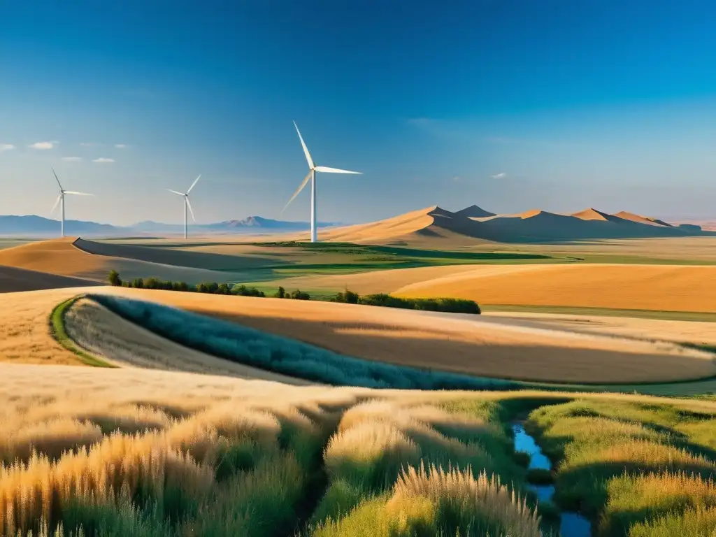 Un paisaje panorámico impresionante de la estepa mongola bajo un cielo azul claro, con un solitario aerogenerador en la distancia, rodeado de extensos campos de trigo dorado