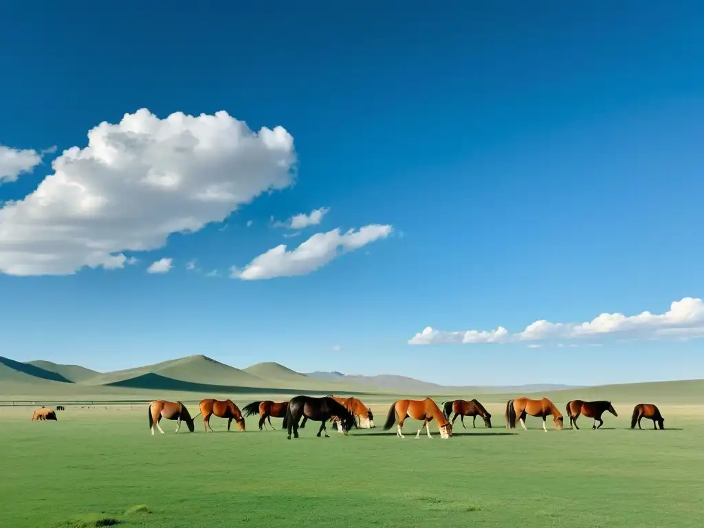 Un paisaje panorámico de la estepa mongol, con majestuosos caballos pastando en primer plano