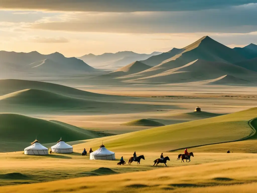 Estampida de jinetes en la inmensa estepa mongola Un paisaje panorámico de la vasta estepa mongol con yurtas dispersas y jinetes montando a caballo