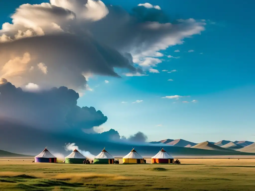 Un paisaje panorámico de la vasta estepa mongola, con yurtas nómadas y humo en la distancia