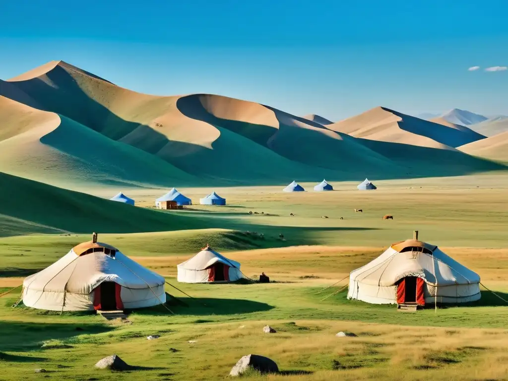 Un paisaje panorámico de las vastas estepas de Mongolia bajo un cielo azul claro, con un asentamiento nómada de yurtas en la distancia