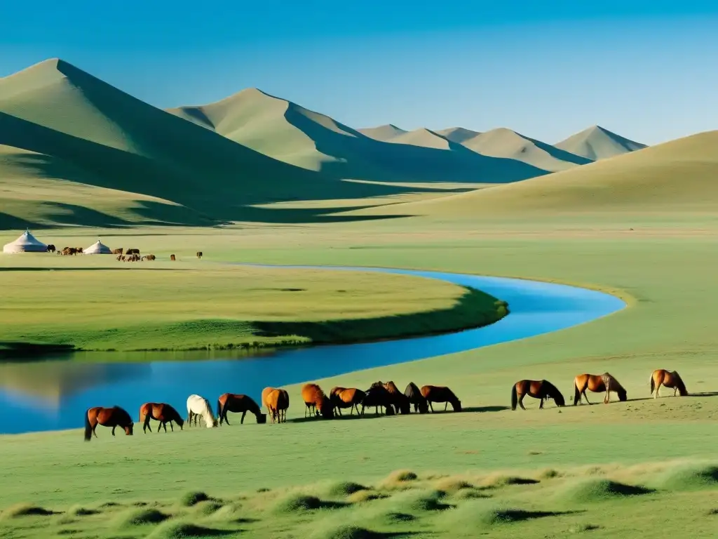 Un paisaje panorámico de las vastas praderas de Mongolia, con flora, fauna y la vida tradicional de Mongolia