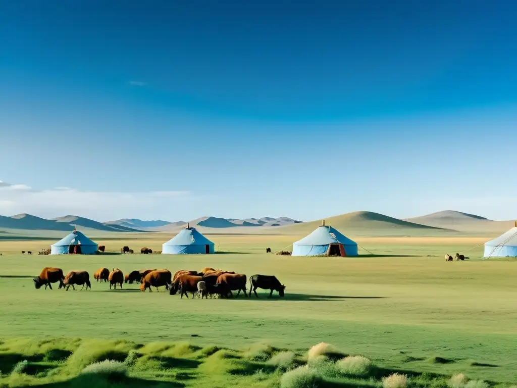 Un paisaje de la estepa mongola con pastores nómadas cuidando su ganado y yurtas tradicionales bajo un cielo azul