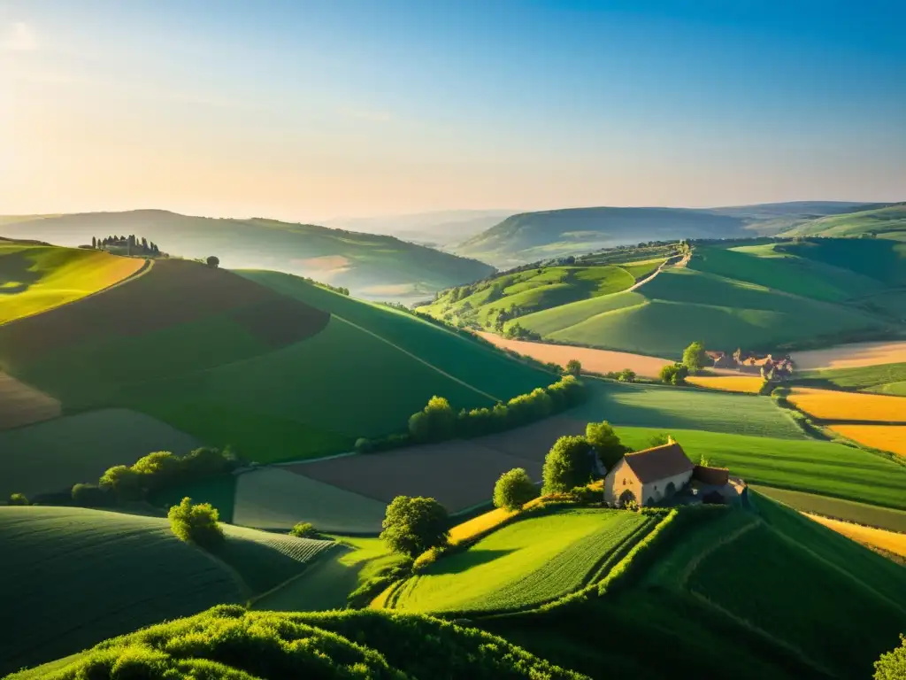 Un paisaje rural europeo de colinas verdes, un pueblo medieval y montañas lejanas