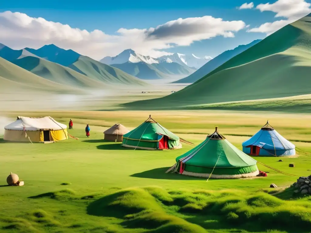 Un paisaje sereno y aislado de Mongolia con colinas verdes, yurtas tradicionales y chamanes realizando un ritual cerca de la montaña