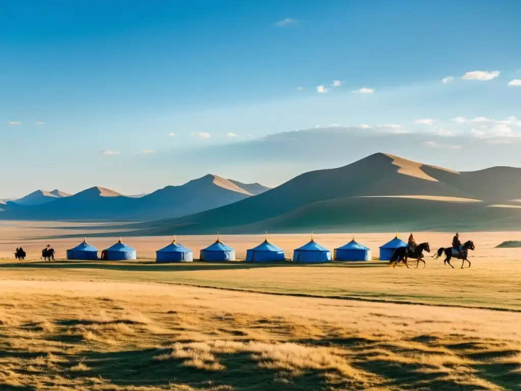 Paisaje sereno de la estepa mongola con colinas, yurtas, jinetes y ancianos en círculo, simbolizando la influencia del código legal mongol