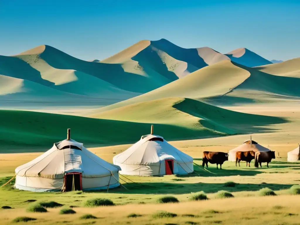 Un paisaje sereno de la expansiva estepa mongola con yurtas nómadas y ganado, evocando la expansión del budismo en Mongolia