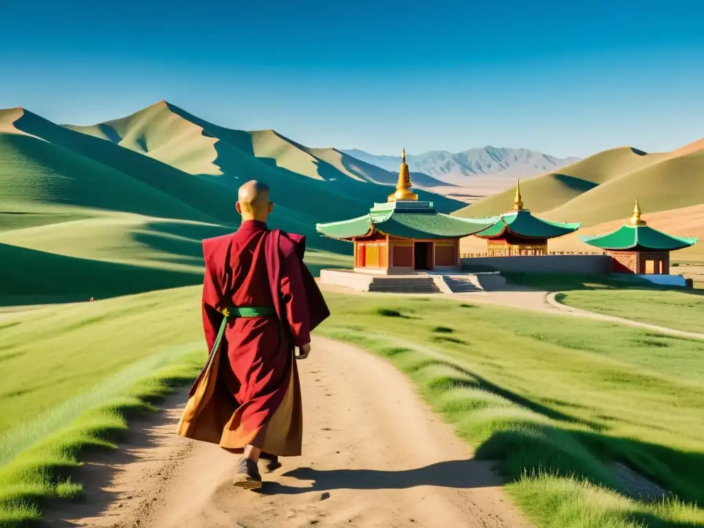 Un paisaje sereno de Mongolia con colinas verdes, un cielo azul y un templo budista, con monjes en actividades pacíficas