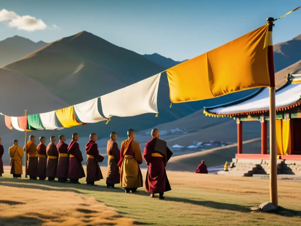 Un paisaje sereno de Mongolia con monjes en oración y un templo budista entre montañas nevadas