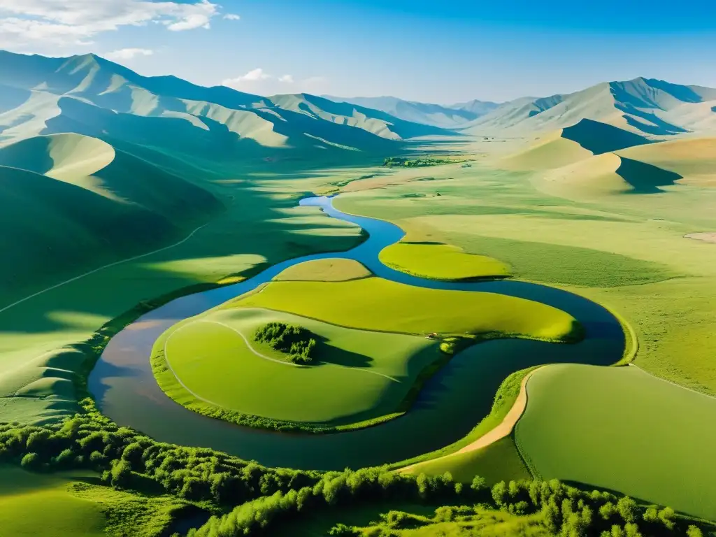 Un paisaje sereno en el Parque Nacional Terelj, cerca de Ulán Bator, con colinas verdes, río Tuul y un campamento ger