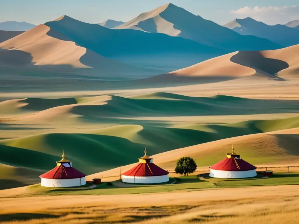 Un paisaje sereno de la estepa mongol con un templo budista solitario, evocando el resurgimiento del Budismo en Mongolia