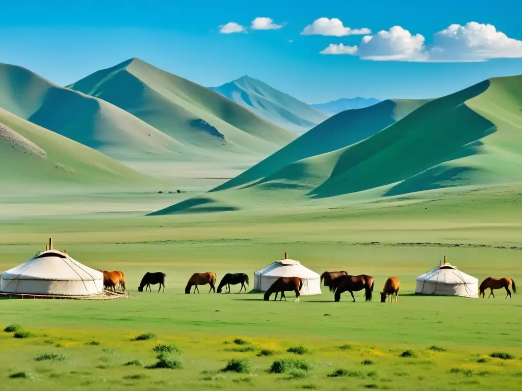 Un paisaje tranquilo de la estepa mongol con un yurta tradicional, pastores y caballos