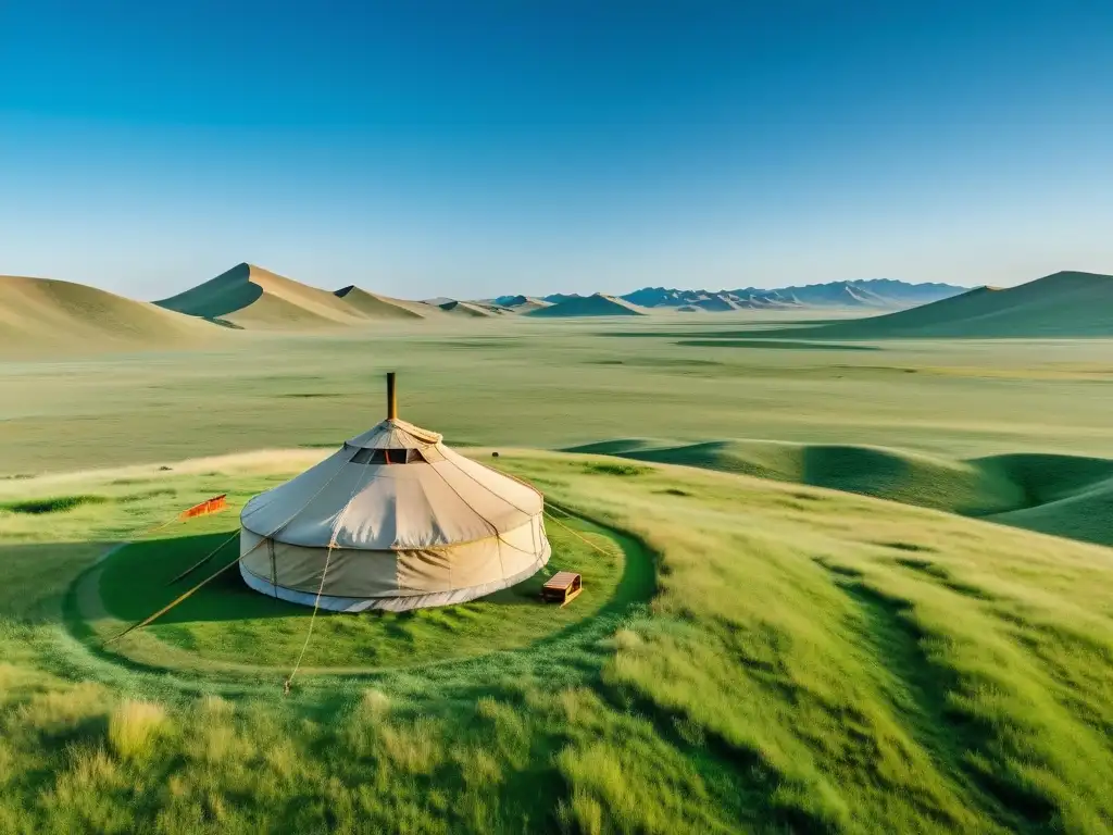 Un paisaje de la vasta estepa mongol en 8k, con una yurta nómada, cielo azul y amplias praderas