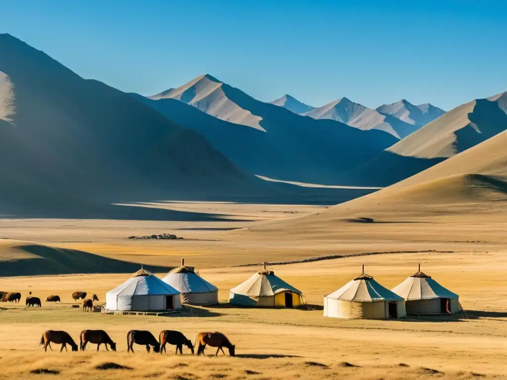 Un paisaje vasto y agreste de Mongolia con colinas doradas, rebaños de ganado y nómadas en yurtas