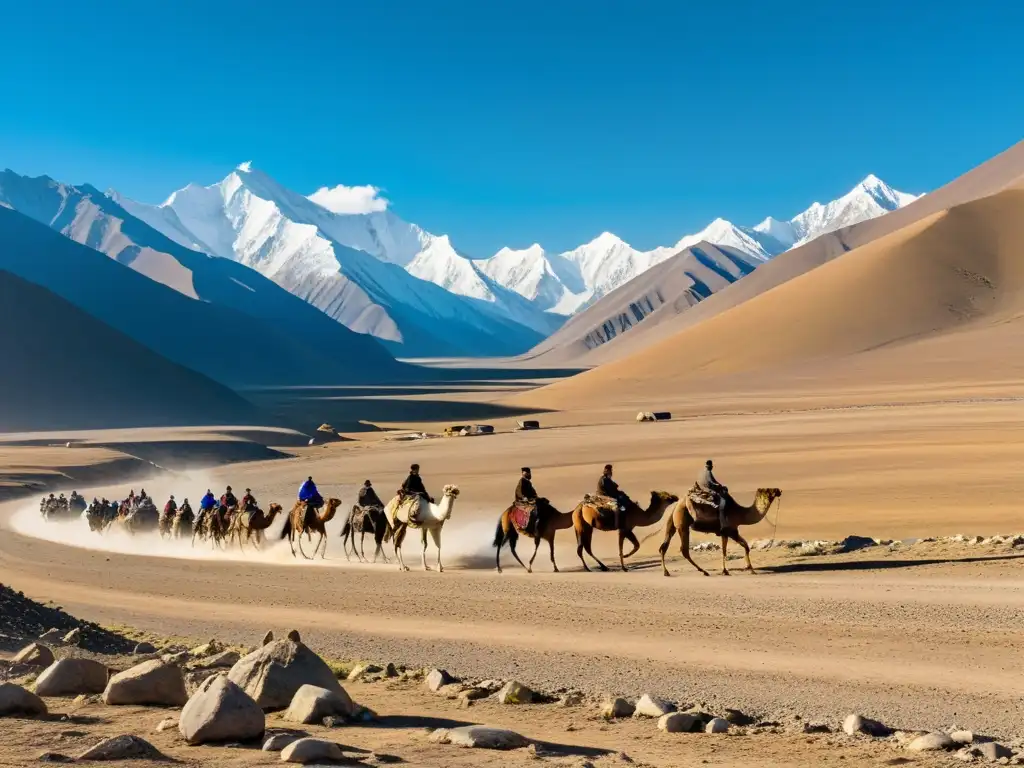 Un paisaje vasto y agreste con montañas nevadas y una caravana de camellos en las Rutas comerciales secundarias del Imperio Mongol