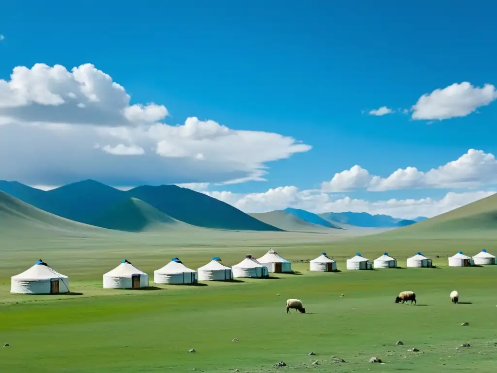 Un paisaje vasto de la campiña mongol con yurtas tradicionales y un rebaño de ovejas