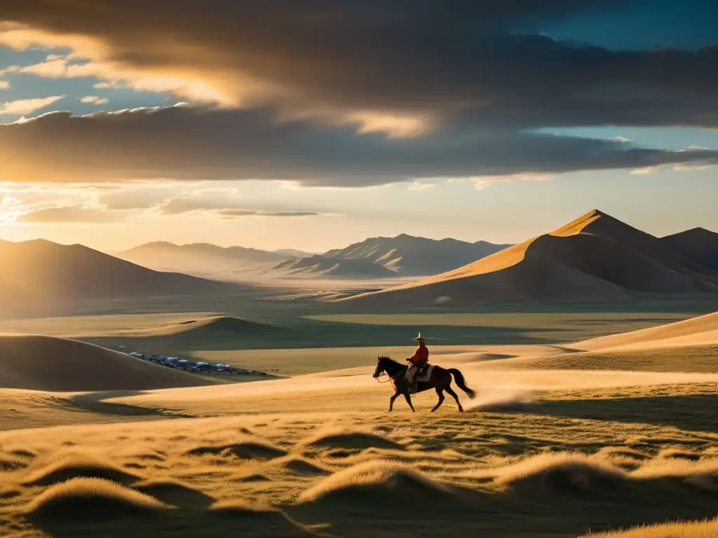 Un paisaje vasto de la estepa mongol bajo un cielo dramático, con colinas onduladas, yurtas dispersas y una figura solitaria a caballo