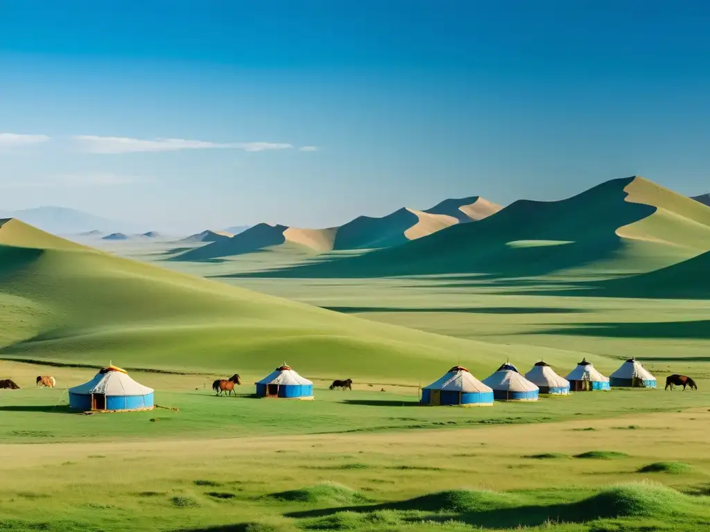 La majestuosidad eterna de la estepa mongola y la herencia de Tolui Khan Un paisaje vasto de la estepa mongol, con colinas onduladas, verde hierba y cielo azul