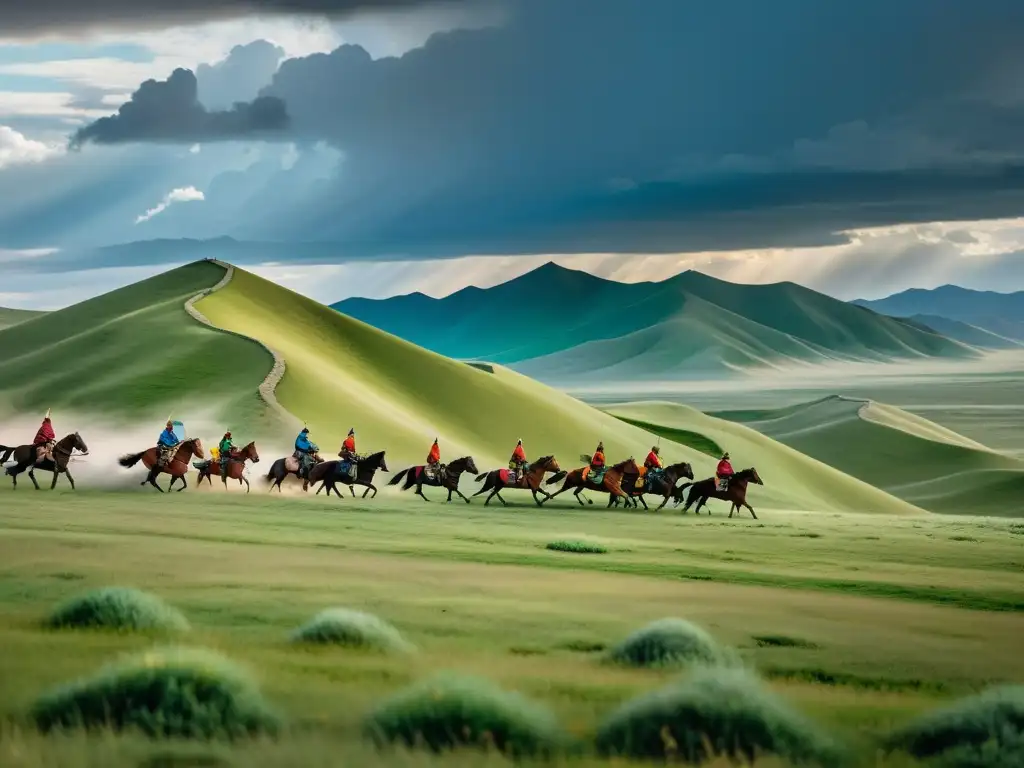 Un paisaje vasto de colinas y praderas con guerreros mongoles a caballo, sus banderas ondeando