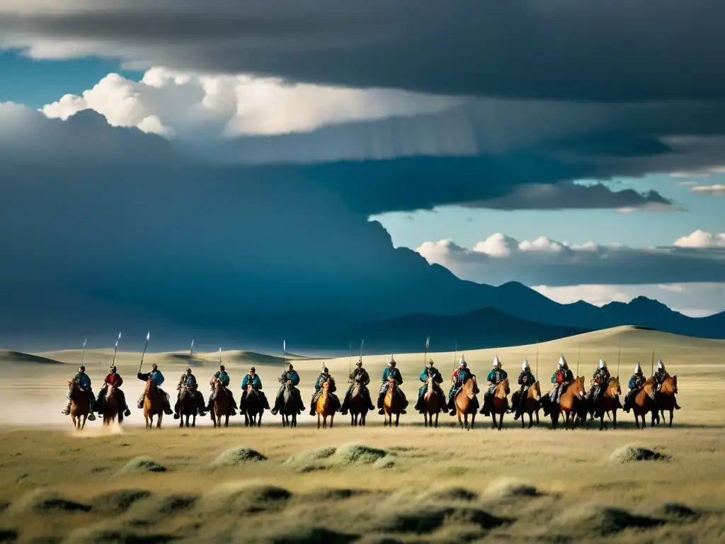 Un paisaje vasto y dramático de la estepa mongola con guerreros en formación, evocando tácticas de guerra mongolas