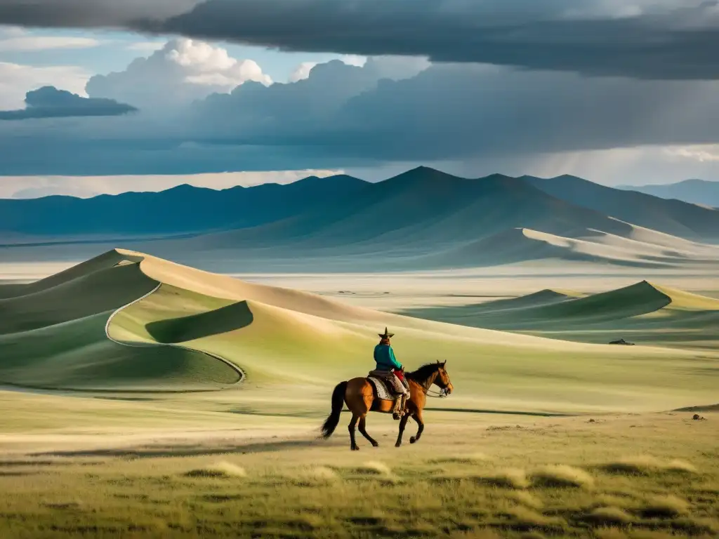 Un paisaje vasto y dramático de la estepa mongola con un jinete solitario en traje tradicional, evocando el legado cultural del Imperio Mongol