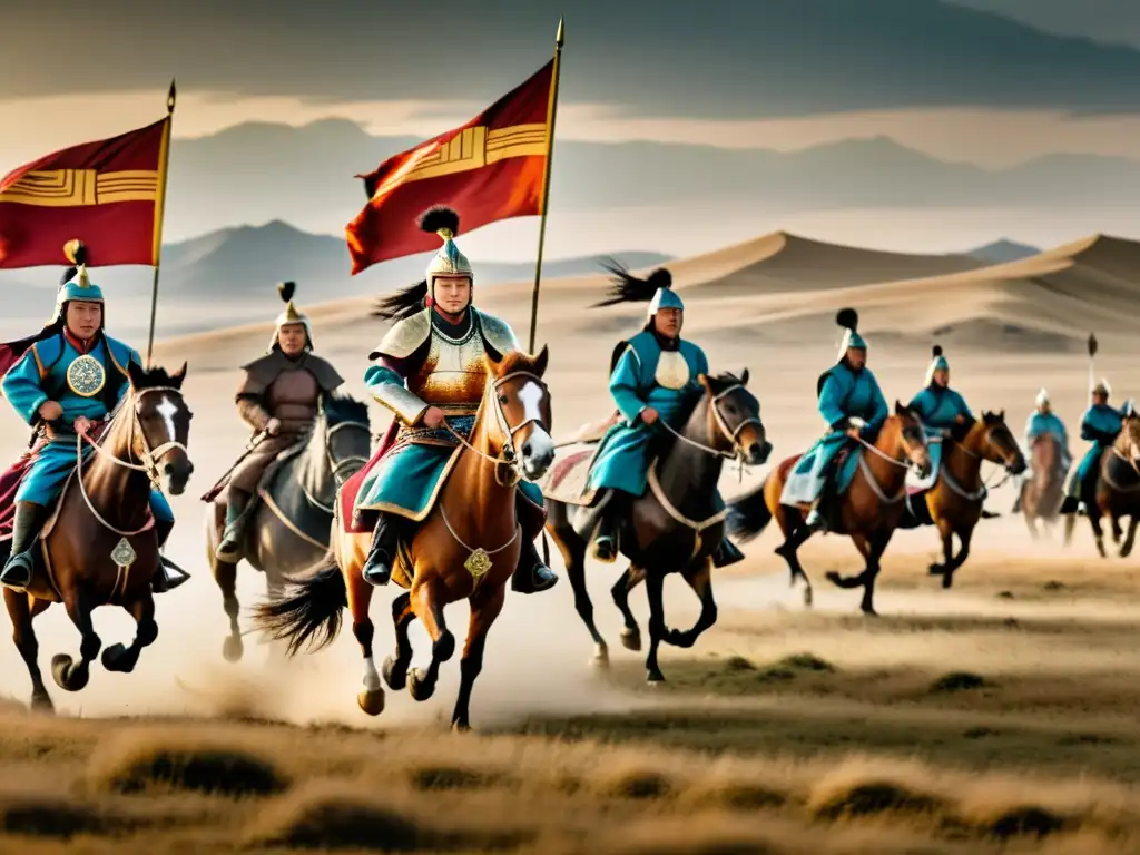 Un paisaje vasto de las estepas de Mongolia con guerreros montados en armaduras tradicionales y armas