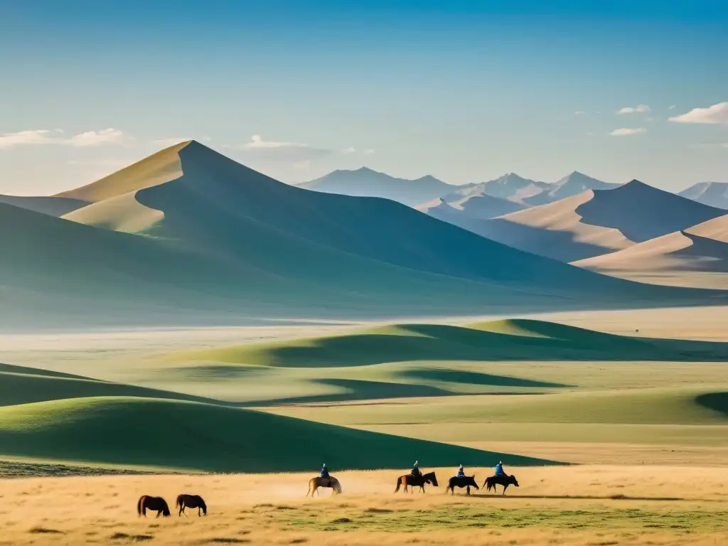 Un paisaje vasto y expansivo de la estepa mongola, con caballos y una figura solitaria a caballo