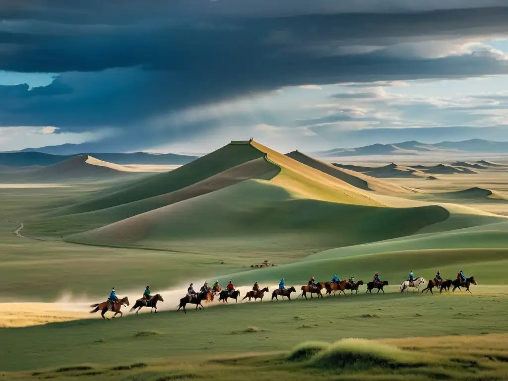 Un paisaje vasto y expansivo de las estepas de Mongolia, con guerreros mongoles a lo lejos