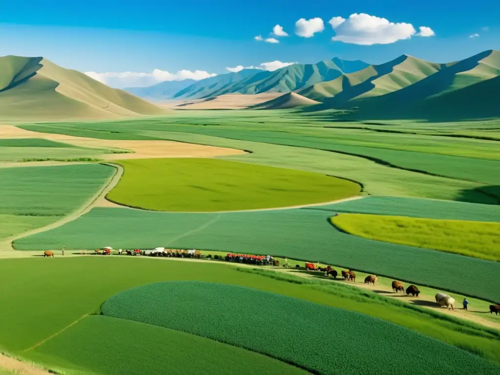 Un paisaje vasto y exuberante con colinas onduladas, campos frondosos y agricultores mongoles en trajes tradicionales