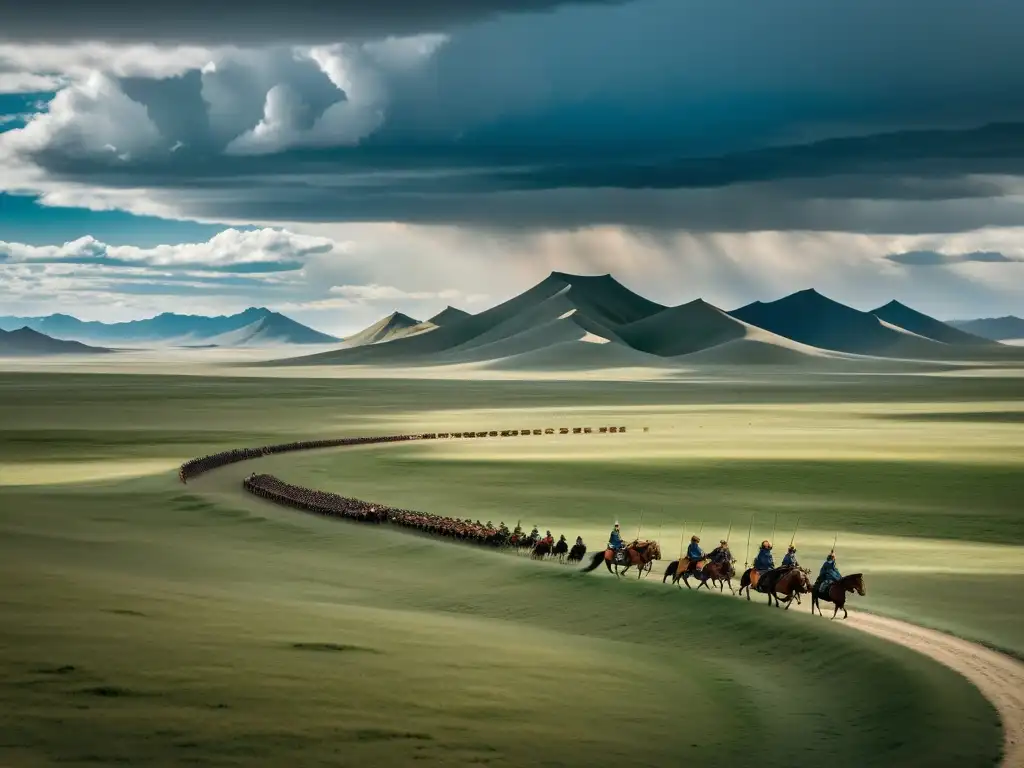 Un paisaje vasto de la estepa mongol con guerreros a caballo y un cielo dramático, que representa las estrategias militares del Imperio Mongol