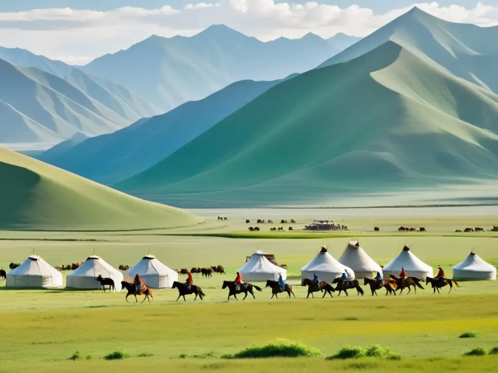 Un paisaje vasto del Imperio Mongol con guerreros a caballo, yurtas y granjas