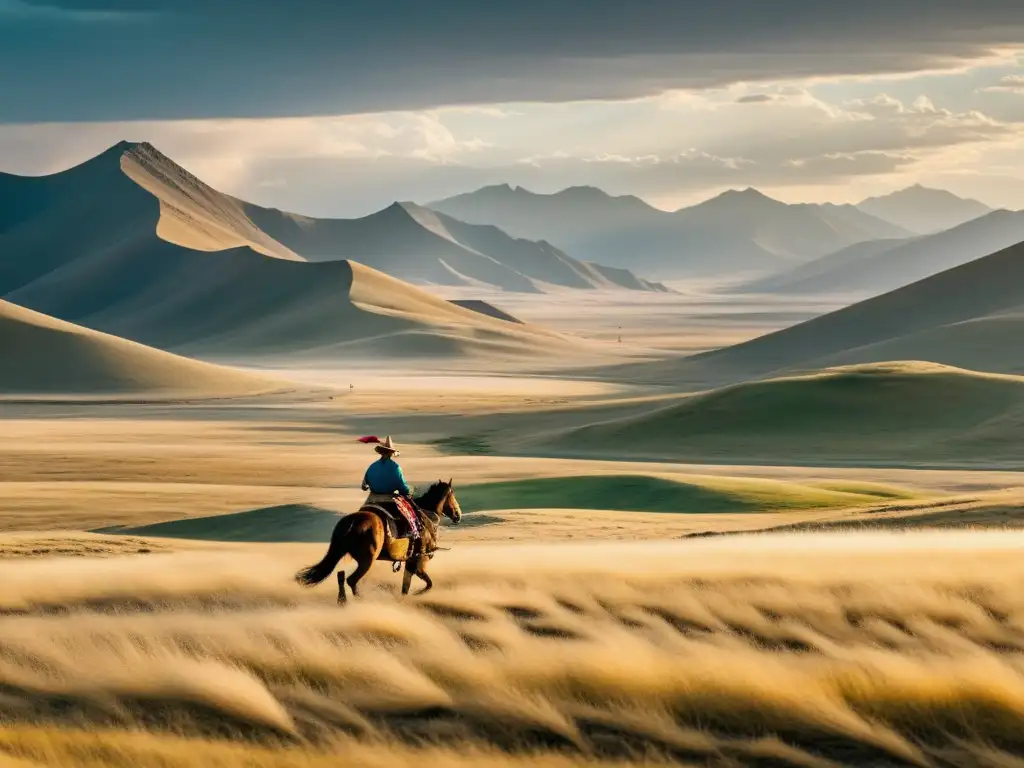 Un paisaje vasto de la estepa mongol, con un jinete solitario a caballo, evocando el ascenso social en el Imperio Mongol