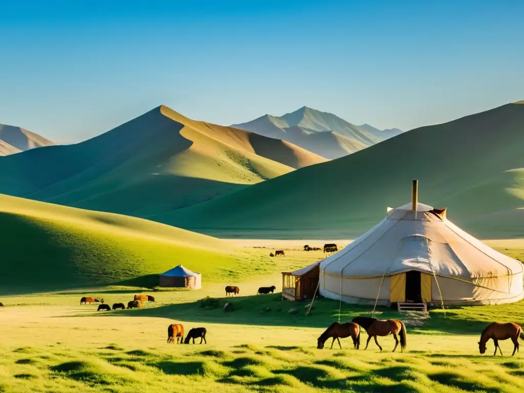 Un paisaje vasto de Mongolia, con una yurta tradicional y caballos pastando