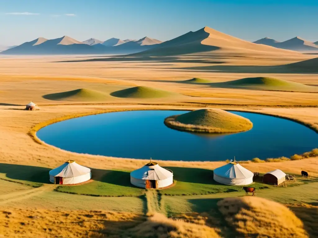 Un paisaje vasto y sereno de la estepa mongol con yurtas tradicionales y pastores nómadas