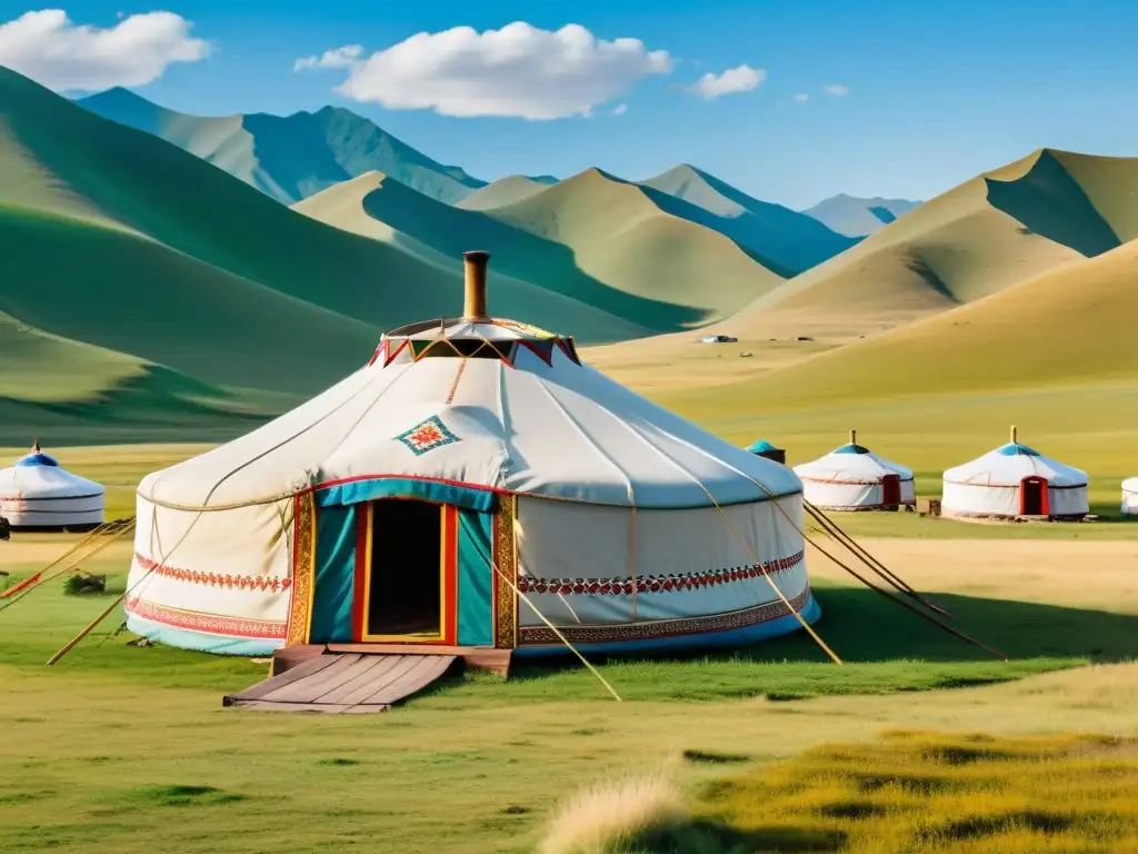 Yurta tradicional mongola en paisaje vasto y vibrante, reflejando la influencia de la Administración de justicia en Mongolia