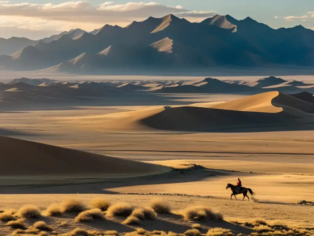 Un paisaje yermo de las estepas mongoles con un jinete solitario en la vasta extensión