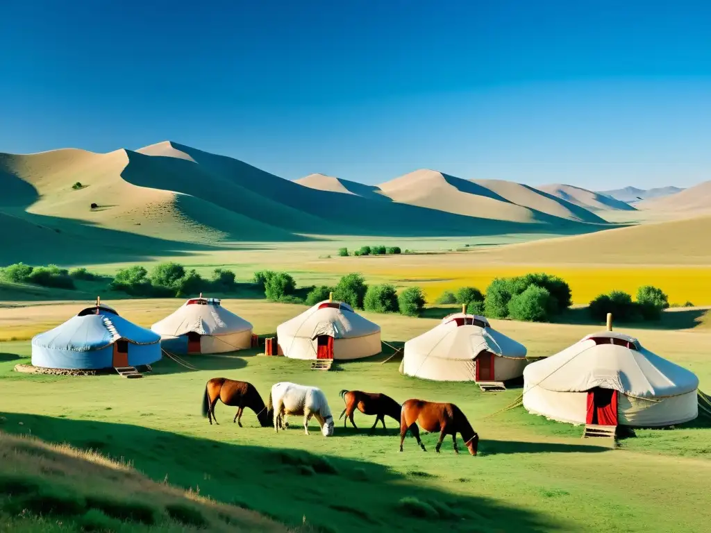 Yurtas mongolas en la pradera: paisaje sereno y colorido Un paisaje de la estepa mongola con yurtas nómadas, caballos y ovejas