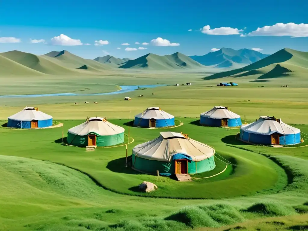 Un paisajismo en la Mongolia imperial: extensas colinas verdes, montañas escarpadas y cielo azul, con tradicionales gers mongolas