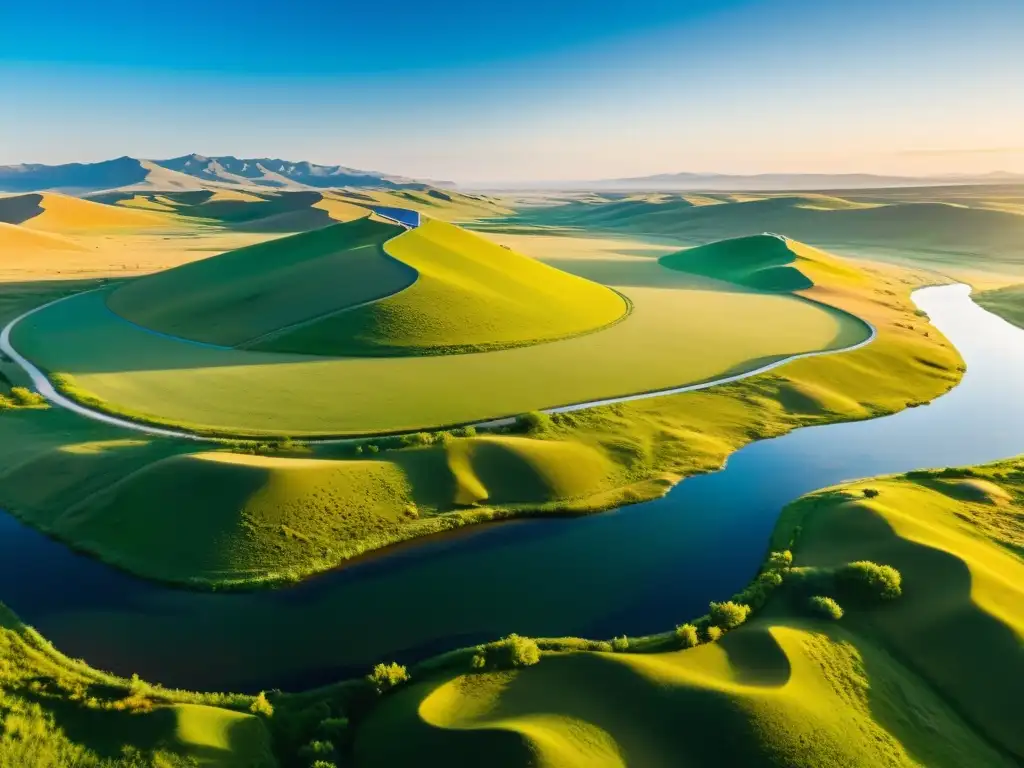 Paisajismo en la Mongolia imperial: atardecer dorado sobre las praderas, río sereno y yurtas tradicionales en un paisaje idílico