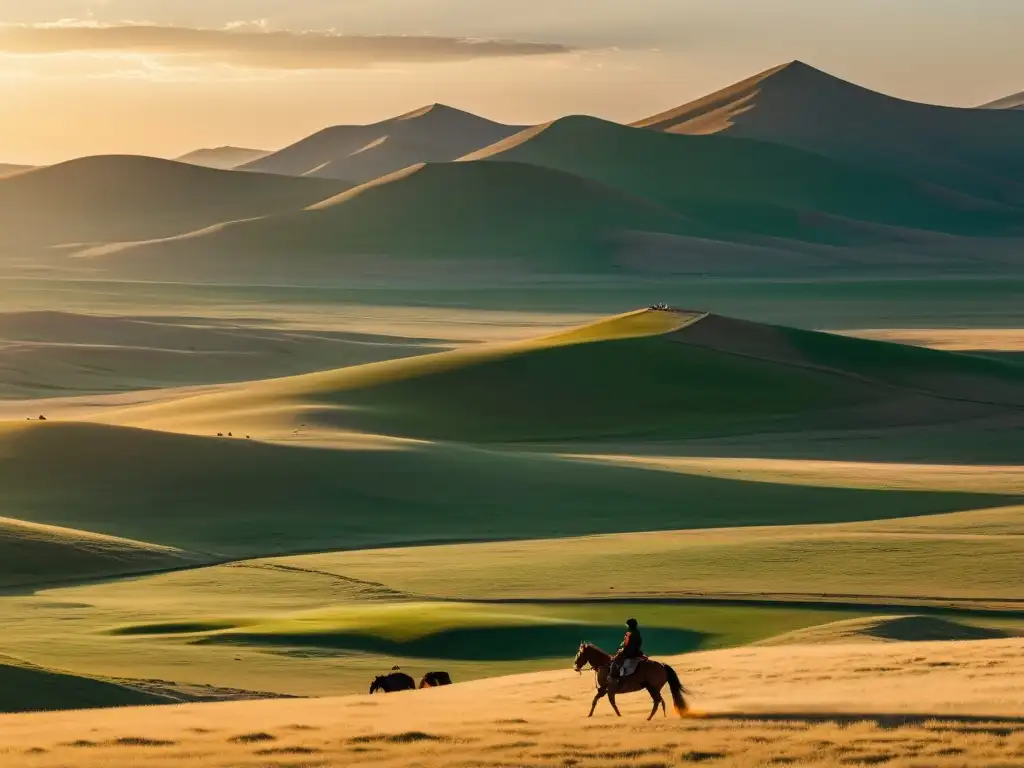 Panorama de la estepa mongola al atardecer, con yurtas dispersas, jinetes y caballos