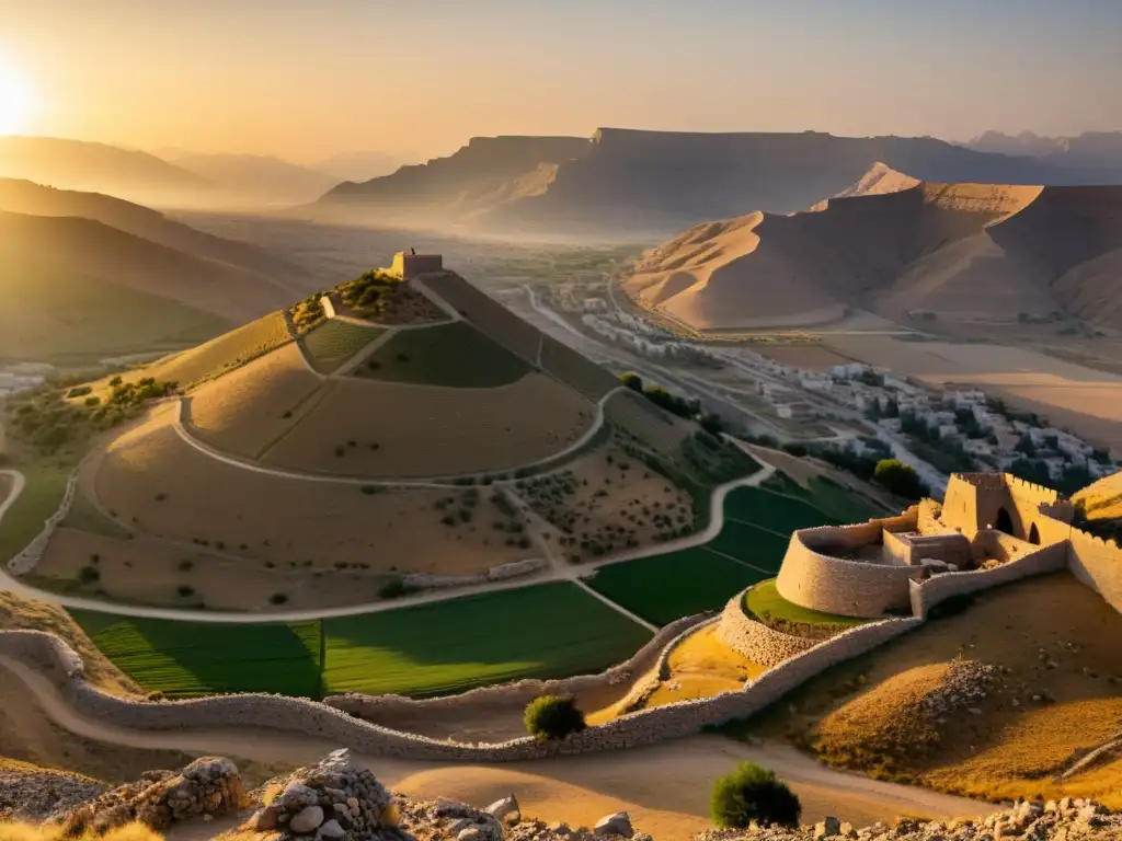 Panorama de la Batalla de Ain Jalut Mongol al atardecer, con ruinas y montañas bañadas en luz dorada