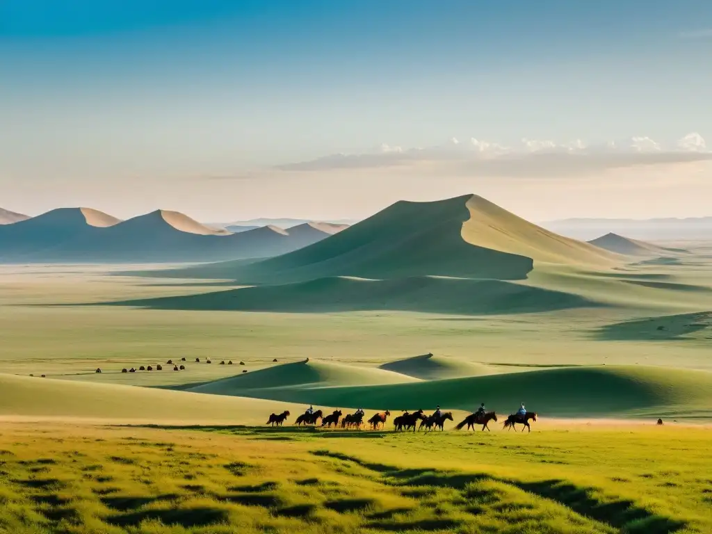 Panorama de la estepa mongola con yurtas, caballos y jinetes, evocando estrategias de liderazgo en campañas mongolas