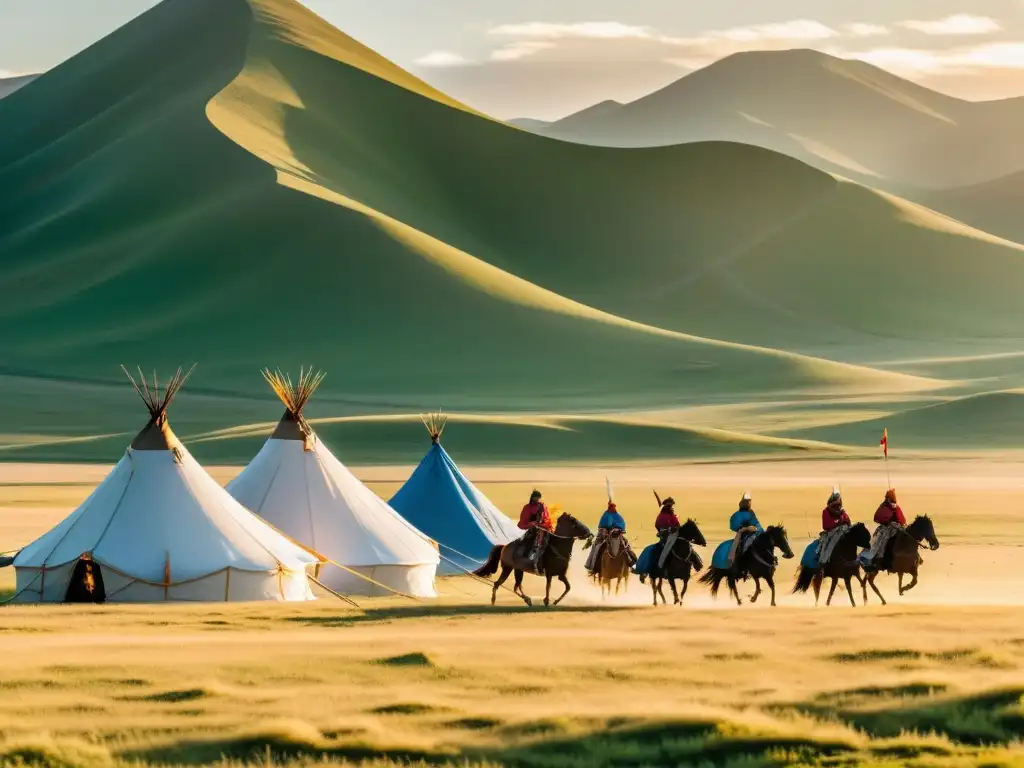 Panorama épico de la estepa mongola al atardecer, con guerreros a caballo y tiendas nómadas